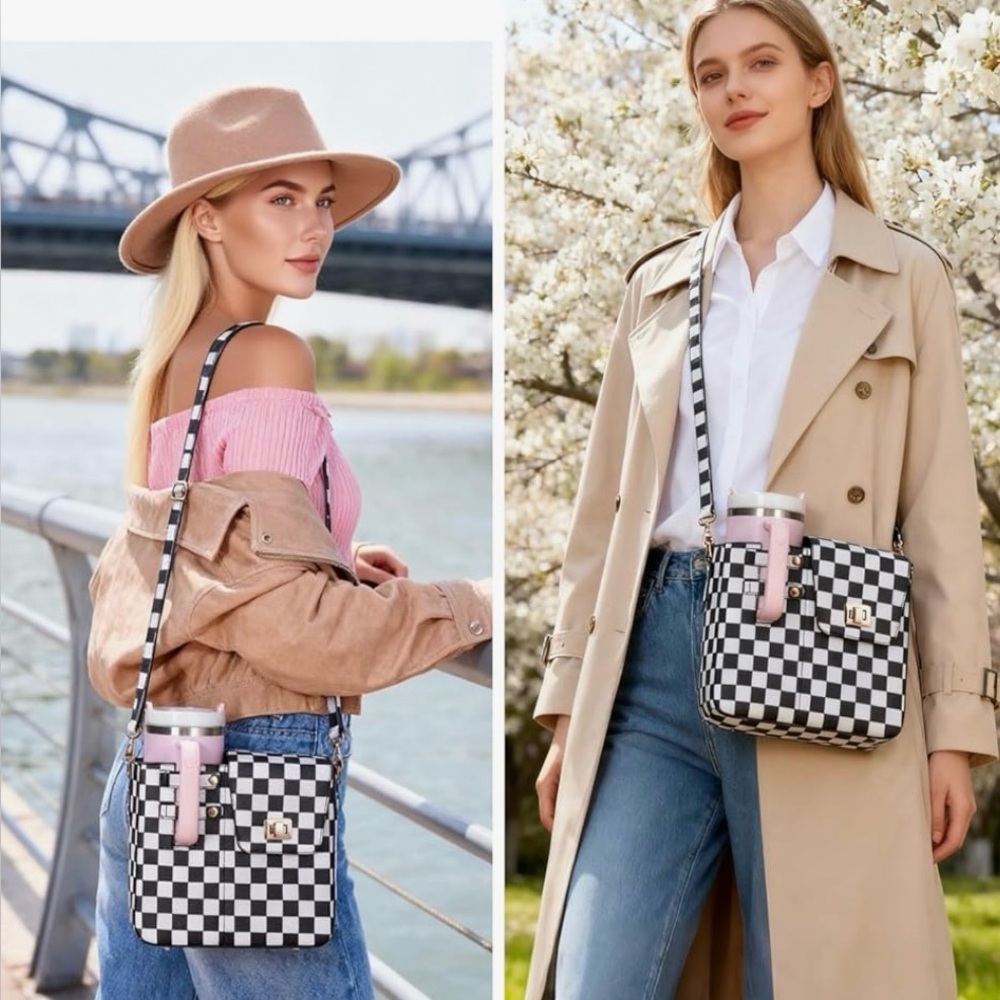 Checkered Crossbody Bag Includes a Black  40 oz Stanley Tumbler